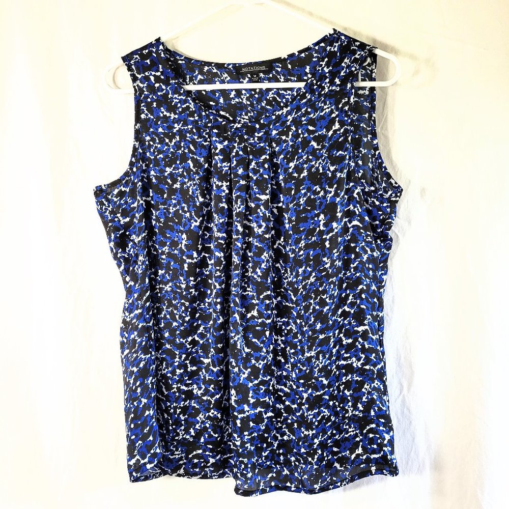 Blue, Black, & White Patterned Sleeveless Blouse